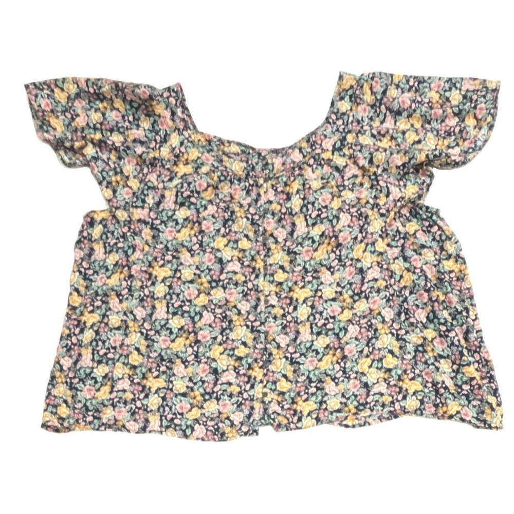 Old Navy Floral Flutter Sleeve Button Down Blouse Navy Blue Pink Yellow 2X Plus